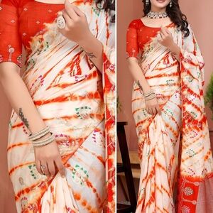 Red and White Tie-Dye Saree with Embellishments